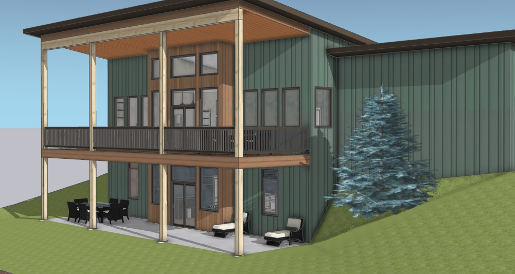 A computer generated image of a house with a balcony.