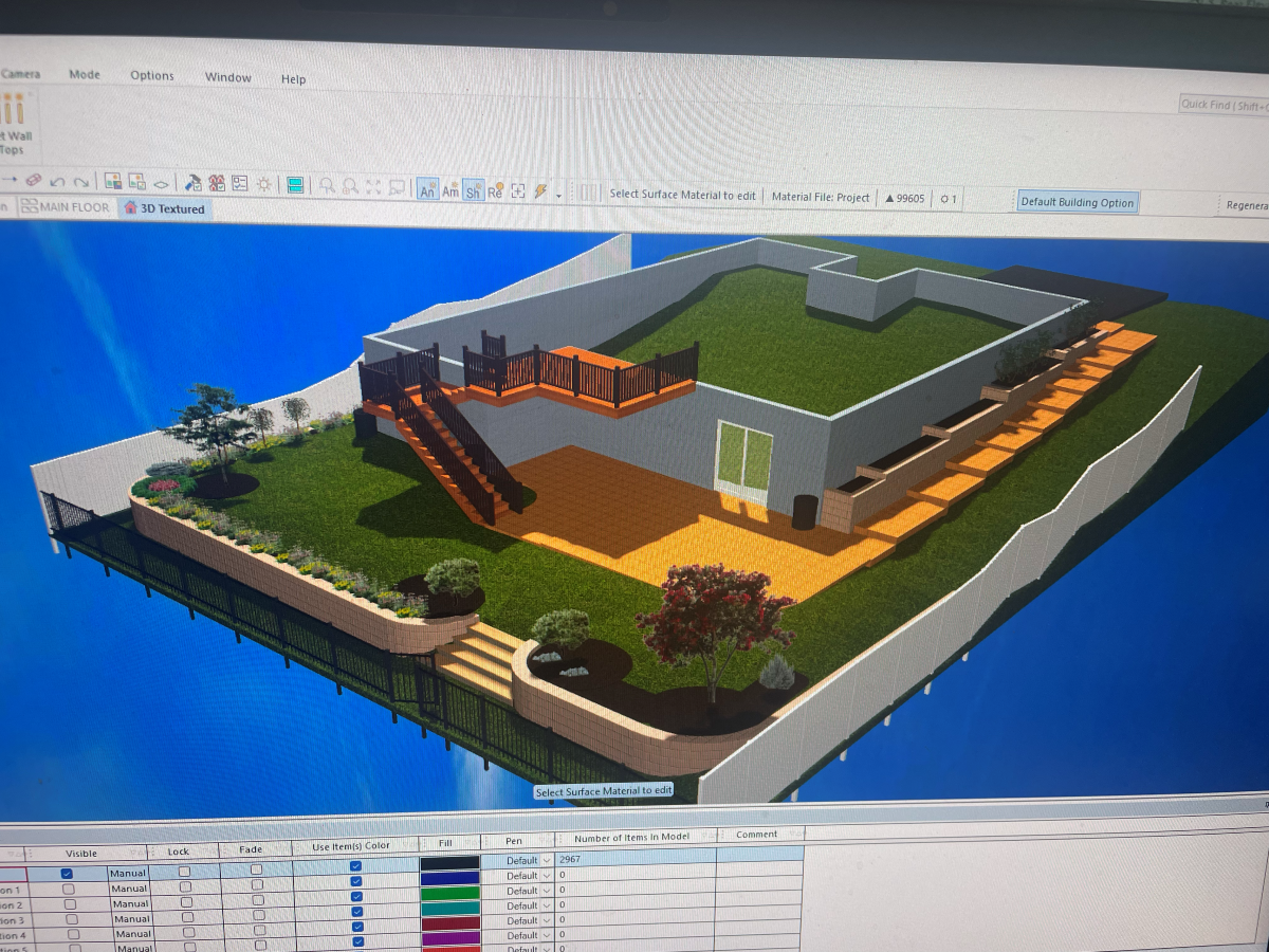 3D rendering of a modern outdoor living space with deck, lawn, and raised beds.