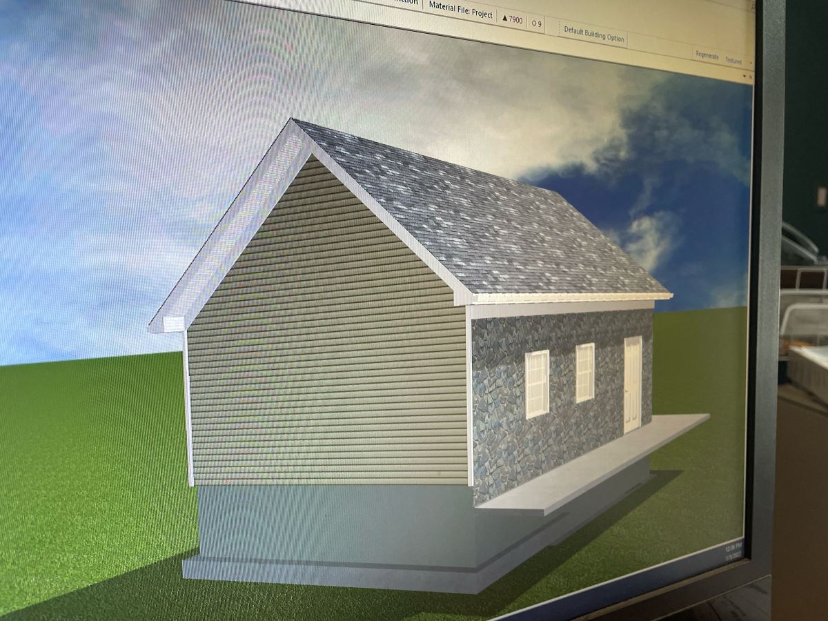 3D rendering of a small building with a gabled roof on a computer screen.
