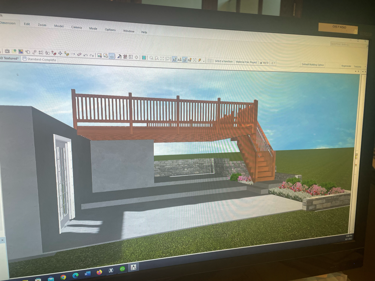 3D rendering of a wooden deck with stairs attached to a building, set over a patio with landscaping.