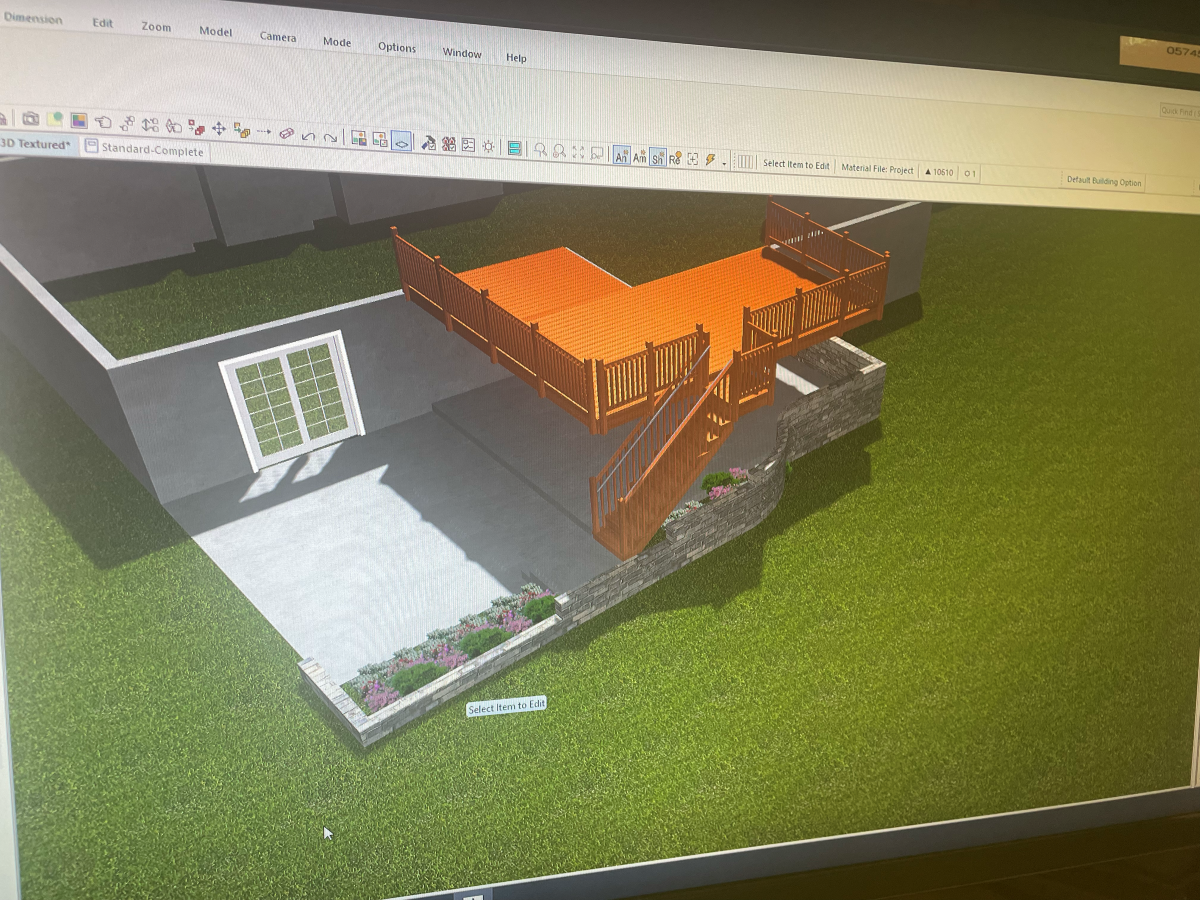 3D rendering of a deck with stairs and a small concrete patio next to a house with a green lawn.