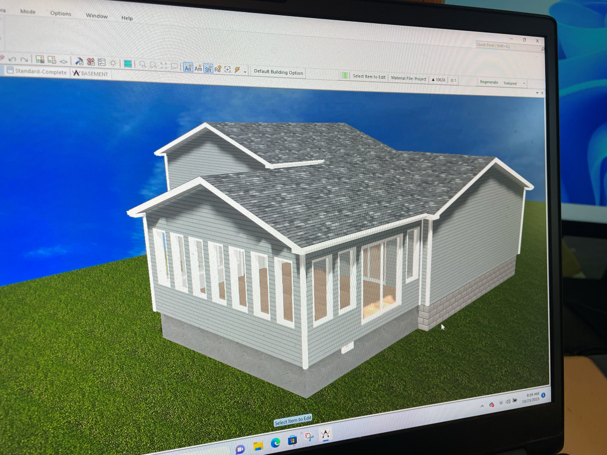 3D rendering of a light gray house design on a computer screen. Blue sky background, green grass, and sunlight.