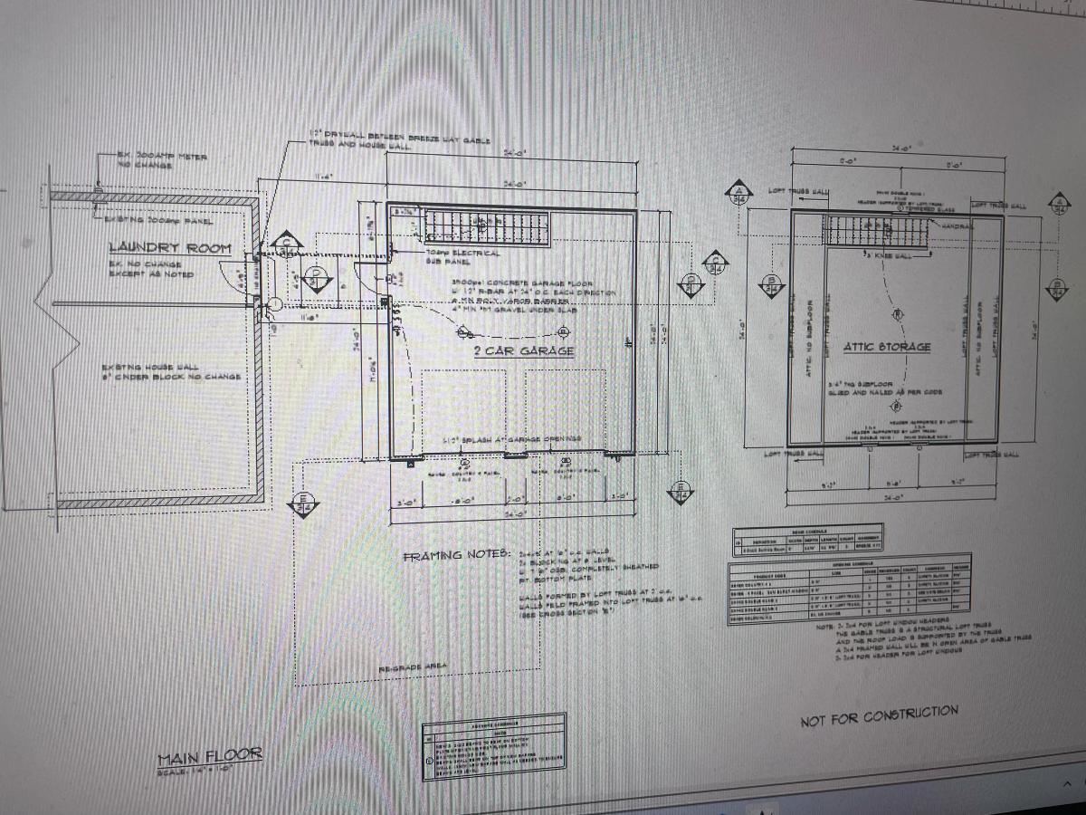 Architectural blueprints showing building plans with labels for rooms and dimensions.