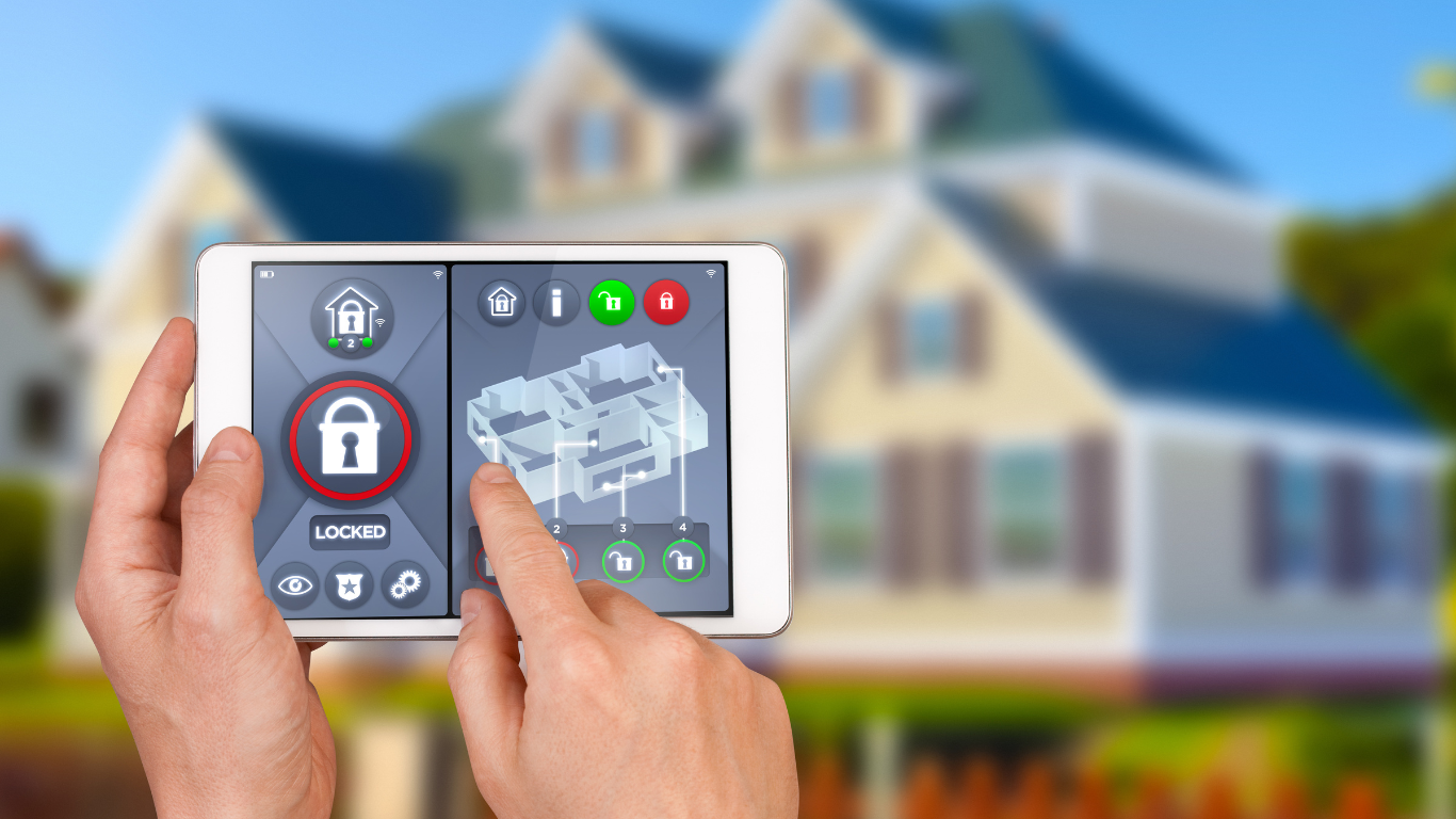 A woman is using a tablet to control a smart home system.