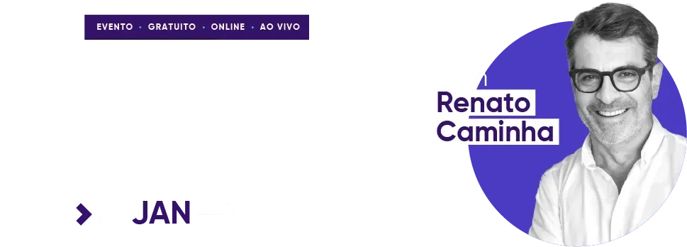 Um homem usando óculos e uma camisa branca está sorrindo dentro de um círculo azul.