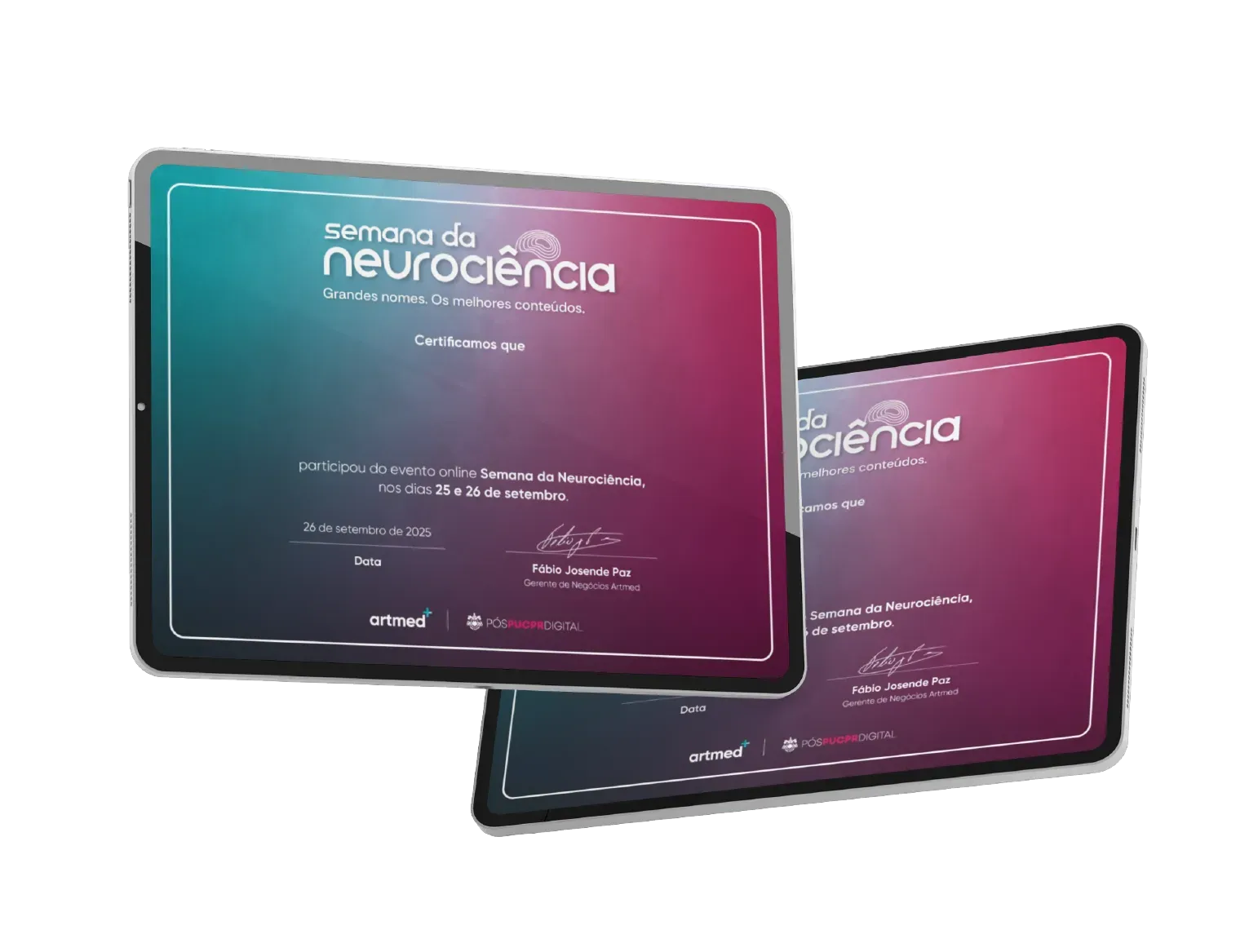 Um tablet com um certificado sobre um fundo branco.