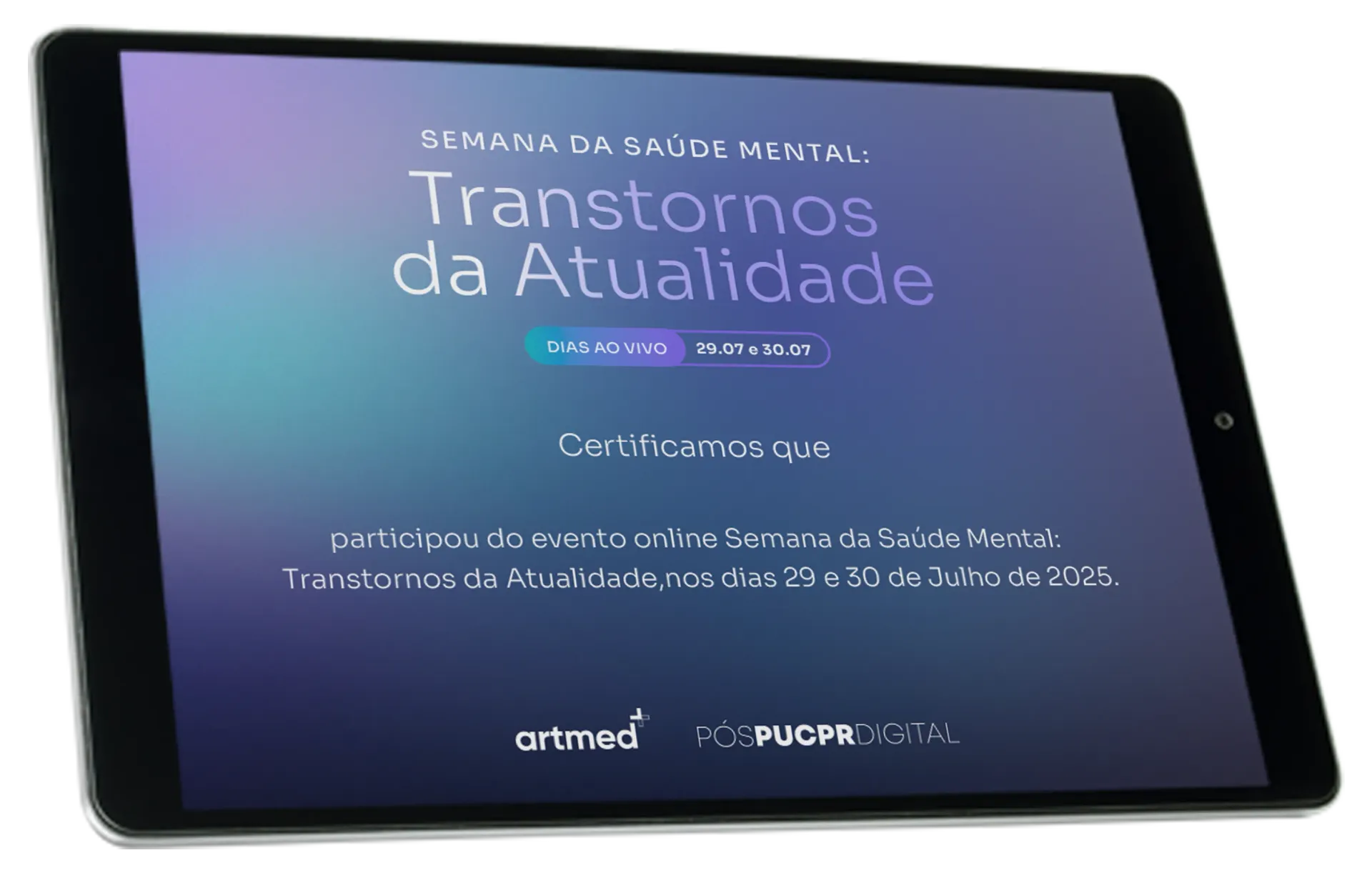 Um tablet com um certificado sobre um fundo branco.