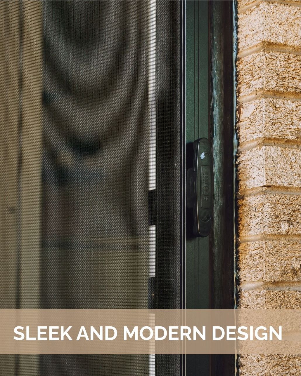 Modern black mesh screen door beside a beige stone wall, with βSLEEK AND MODERN DESIGNβ text overlay.