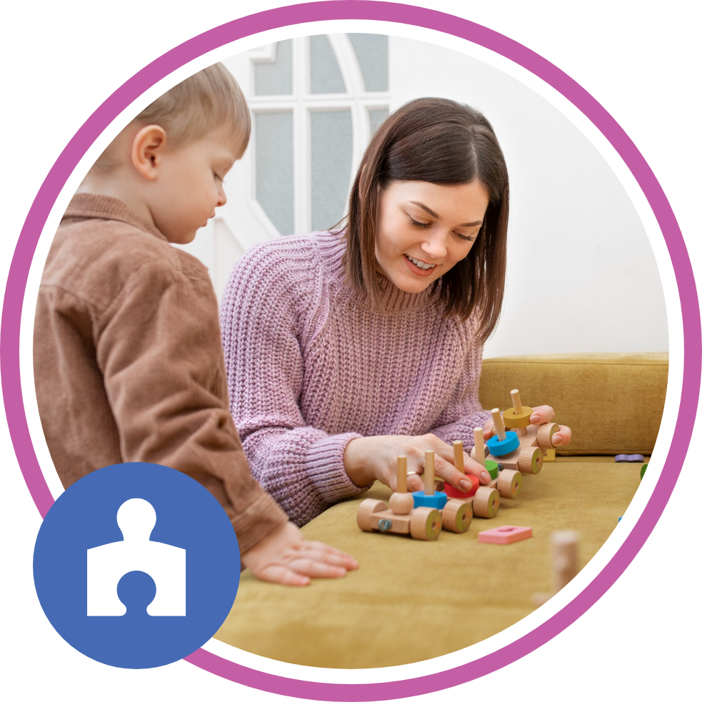 A woman and child are playing with wooden toys on a couch.