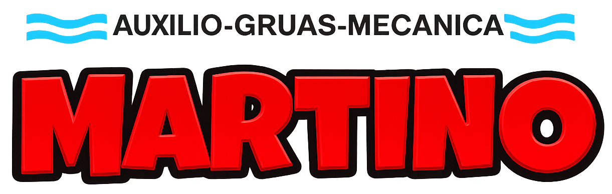 Logo de “MARTINO” en rojo con borde negro y texto pequeño “AUXILIO-GRUAS-MECANICA” arriba en azul.
