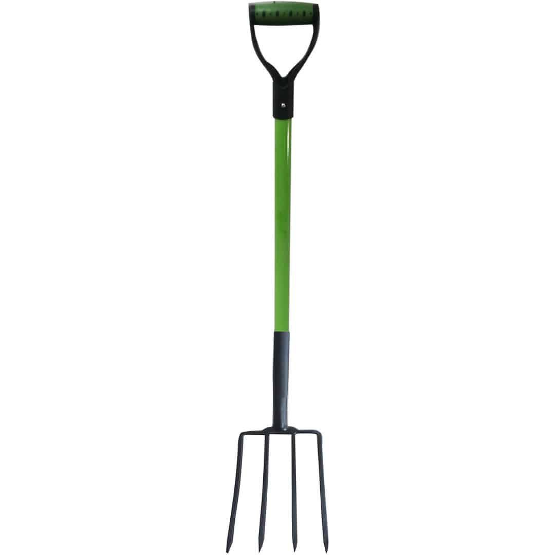 A Garden Fork With a Green Handle on a White Background — Caloundra Landscape Supplies in Beerwah, QLD