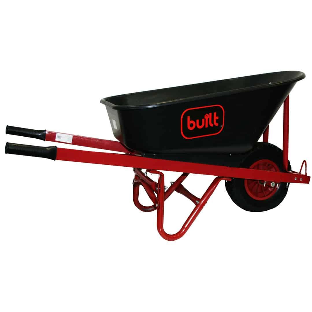 A Black Wheelbarrow With Red Handles and the Word Butt on It — Caloundra Landscape Supplies in Warana, QLD