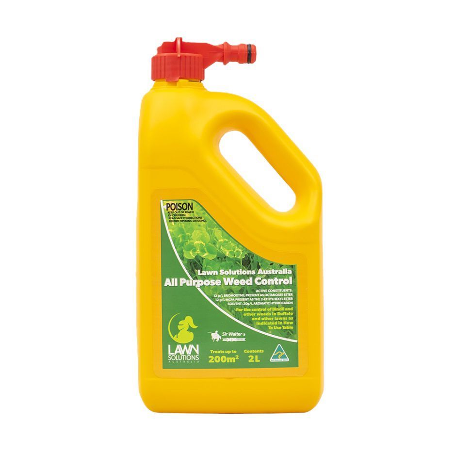 A Yellow Bottle of Lawn Chemical All Purpose Weed Control — Caloundra Landscape Supplies in Beerwah, QLD