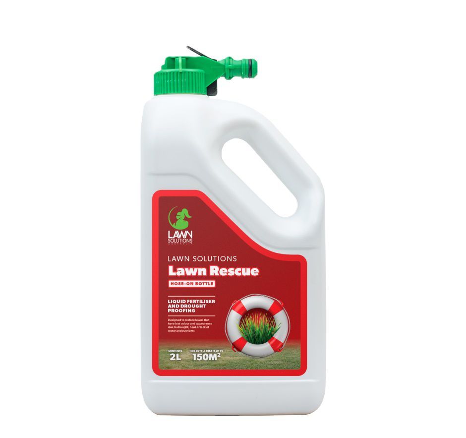 A Bottle of Lawn Rescue With a Hose Attached to It — Caloundra Landscape Supplies in Beerwah, QLD