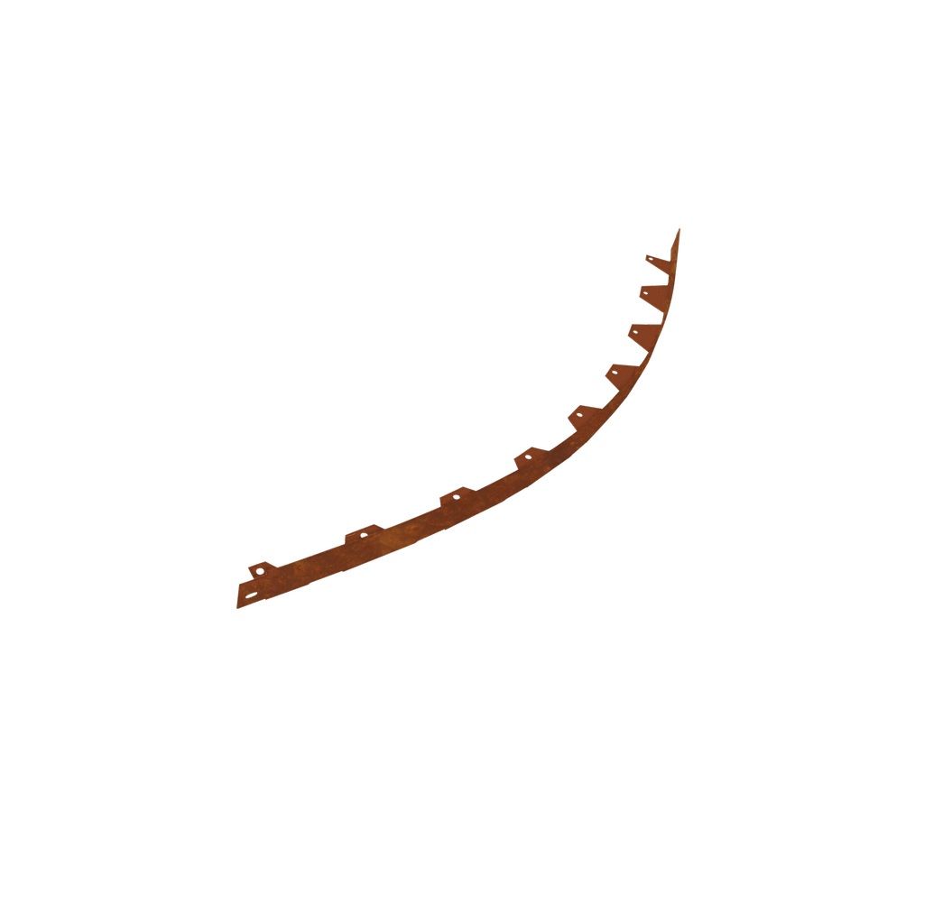 Brown curved landscape edging with pointed top edge and holes along the side for securing.