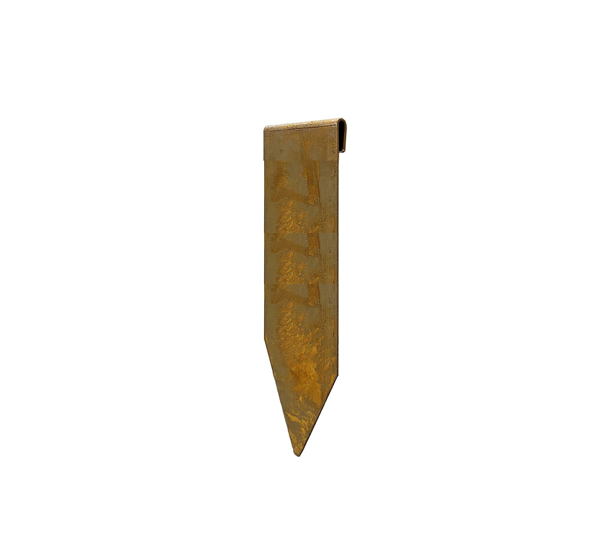 Gold-colored picture hanging nail with a sharp point and a curved top, isolated on white.