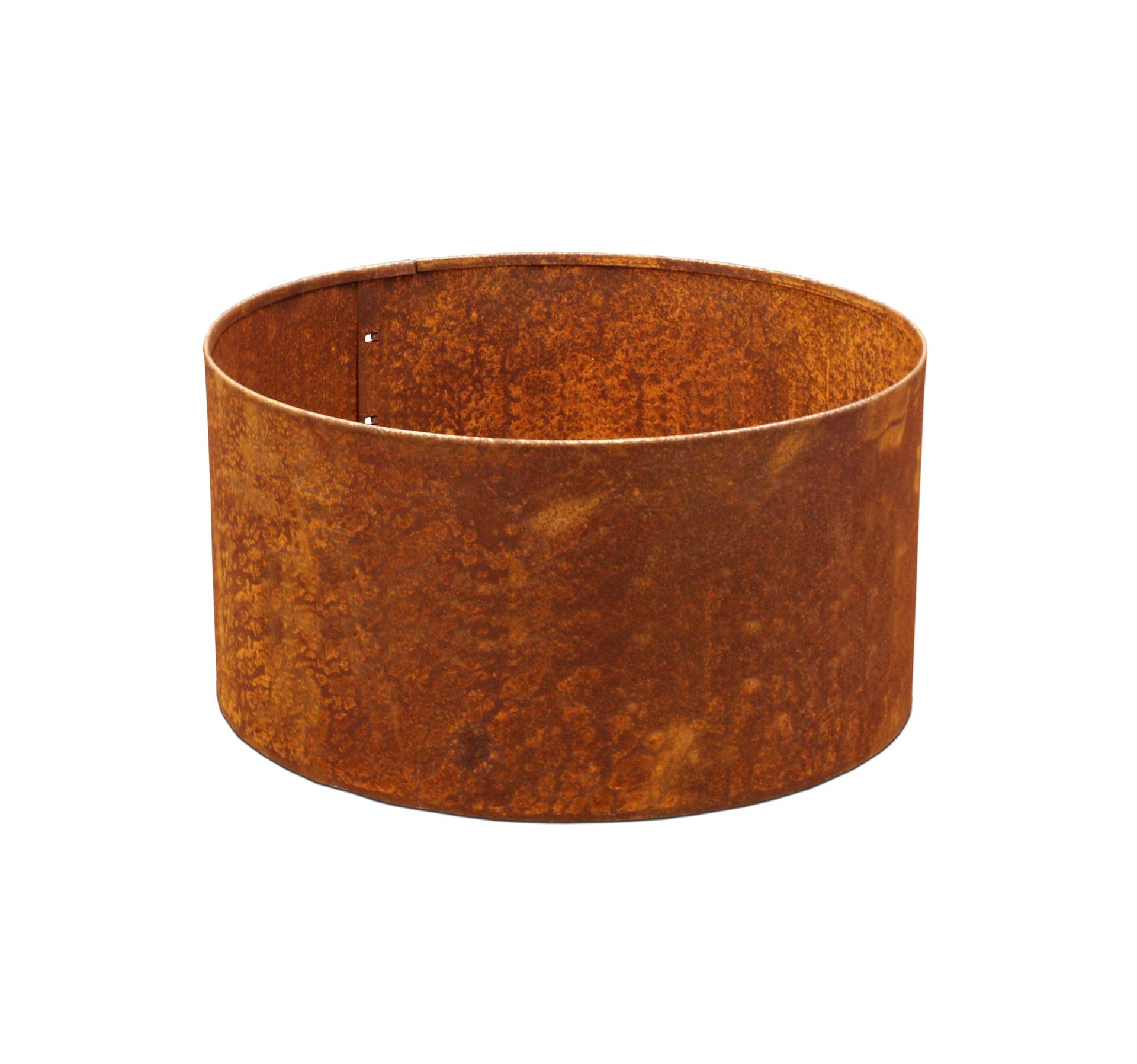 Cylindrical rusted steel fire pit ring, isolated on white background.