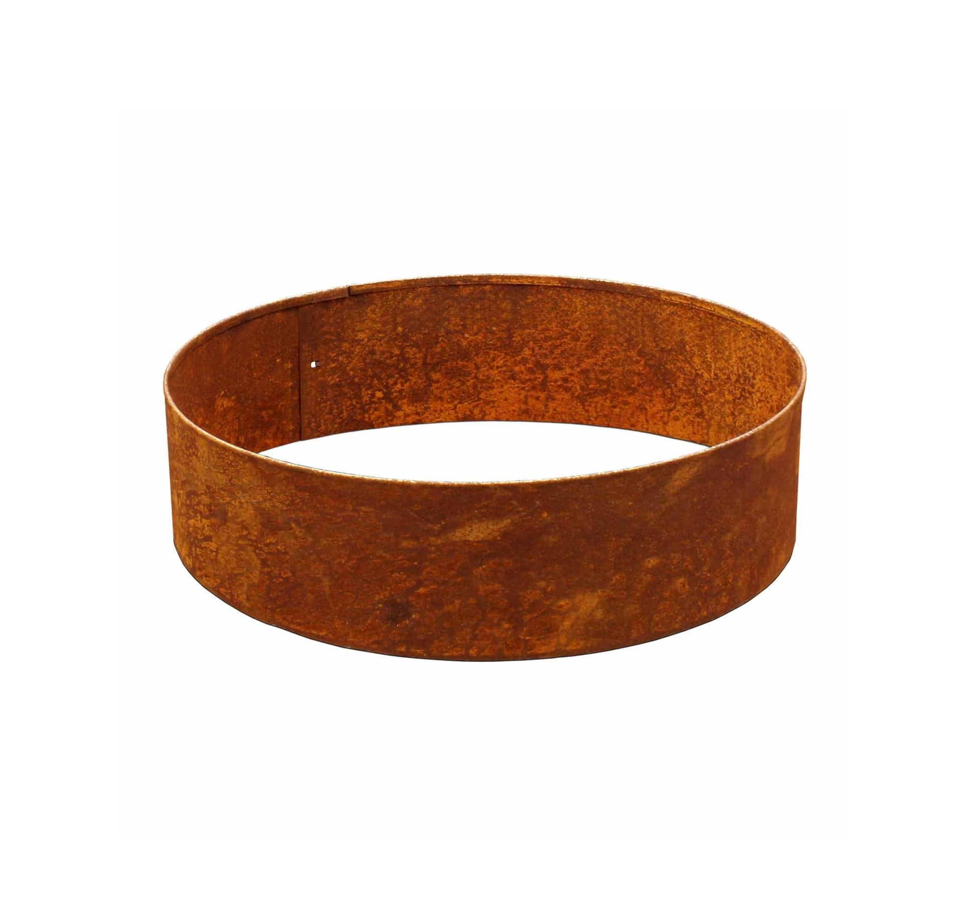 Rusty, cylindrical metal ring, possibly for a landscaping feature or border.