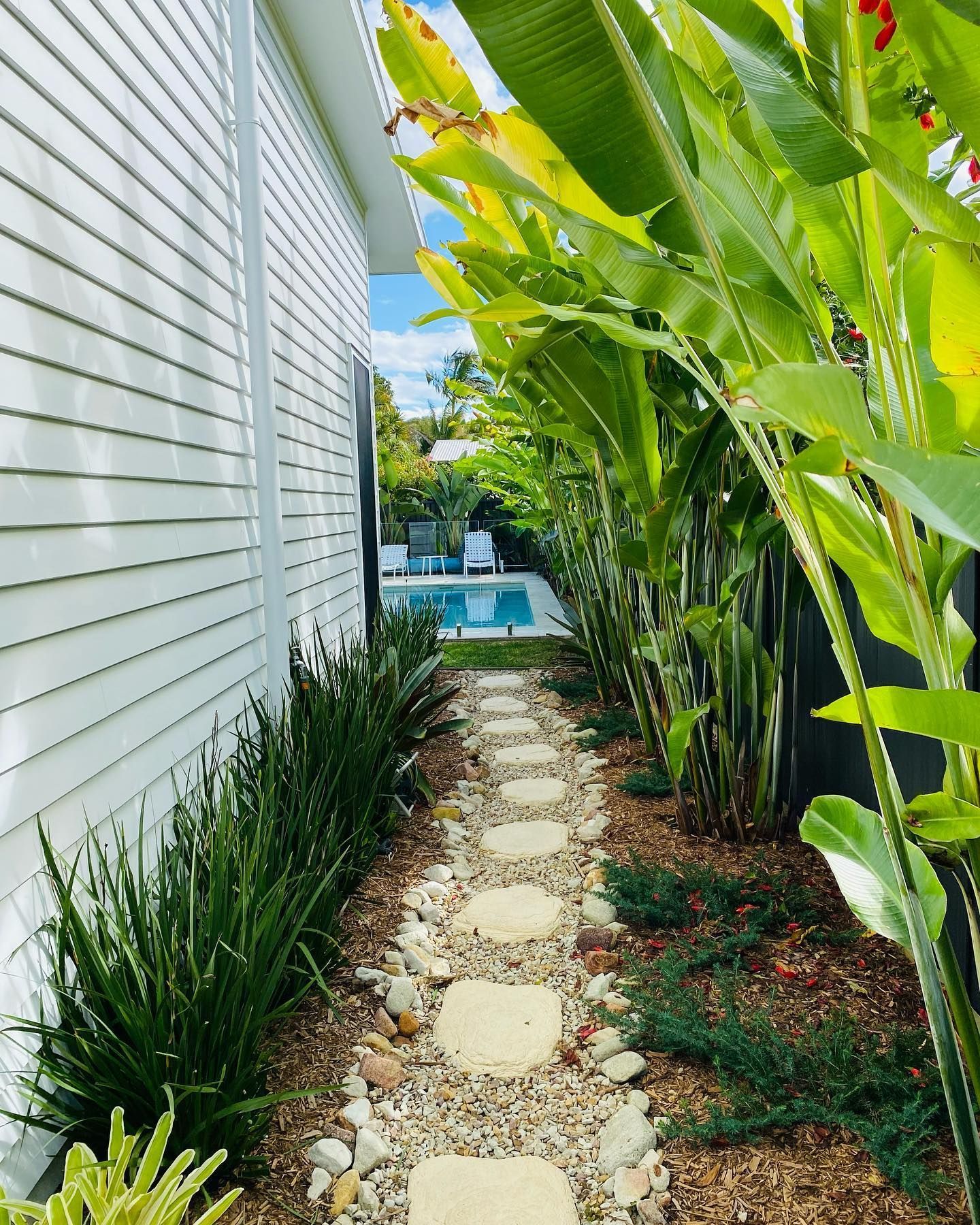 A Paved Area with a Bench Seat and a Dog Surrounded by Grass — Caloundra Landscape Supplies in Caloundra, QLD