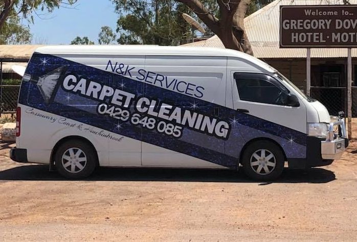 White Van With N&k Services Carpet Cleaning Logo — NQW Services In Ayr, QLD
