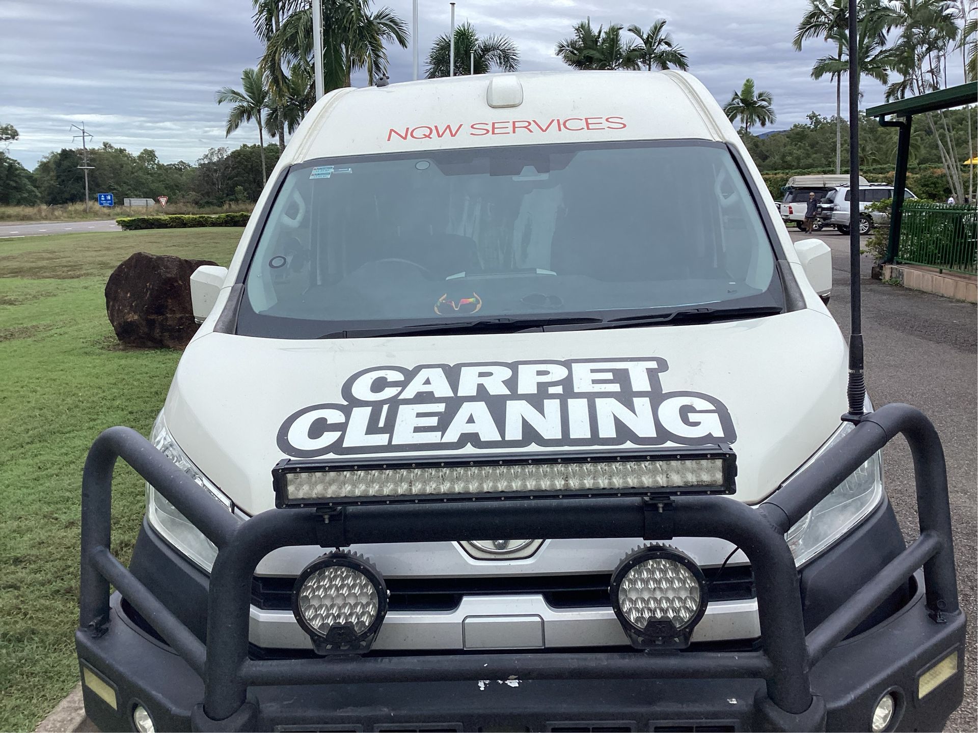 White Van With Carpet Cleaning Signage, Light Bar — NQW Services In Cardwell, QLD