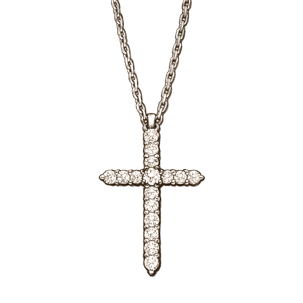 一枚鑲嵌多顆閃亮白鑽的銀十字架吊墜項鍊,以白色背景襯托,位於項鍊中央。