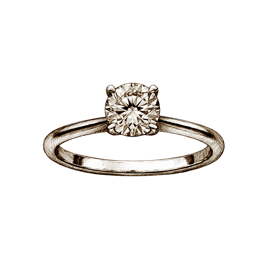 一款經典的銀色單鑽訂婚戒指,鑲嵌一顆圓形切割鑽石,由四個爪鑲固定。