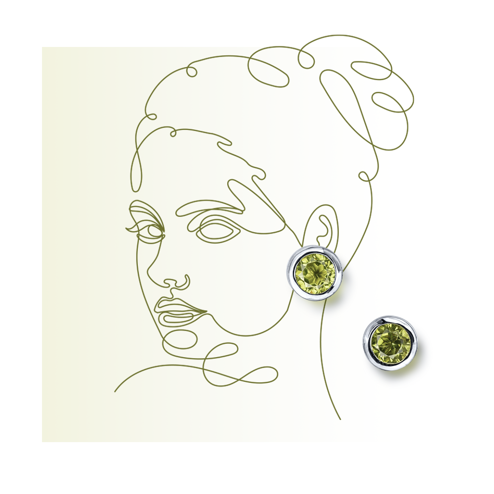 一對圓形包鑲耳釘，白色底面上鑲嵌著淺綠色寶石，銀色金屬底座上鑲嵌著寶石。