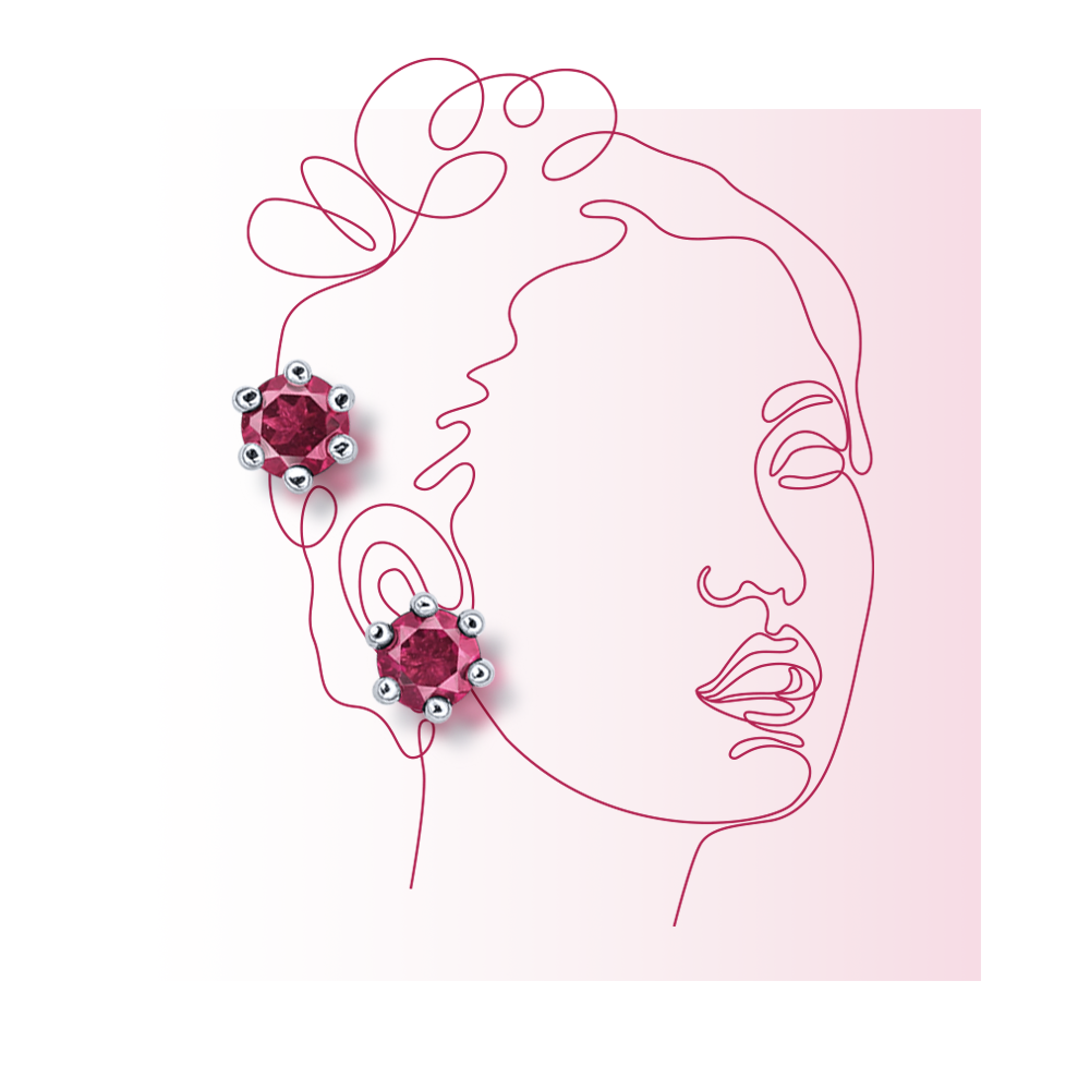 一對耳釘，鑲嵌著圓形深紅色寶石，採用銀質六爪鑲嵌，背景為白色。