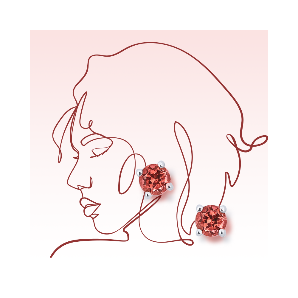 一對圓形切割的紅橙色寶石耳釘，鑲嵌在白色背景的銀色爪鑲上。