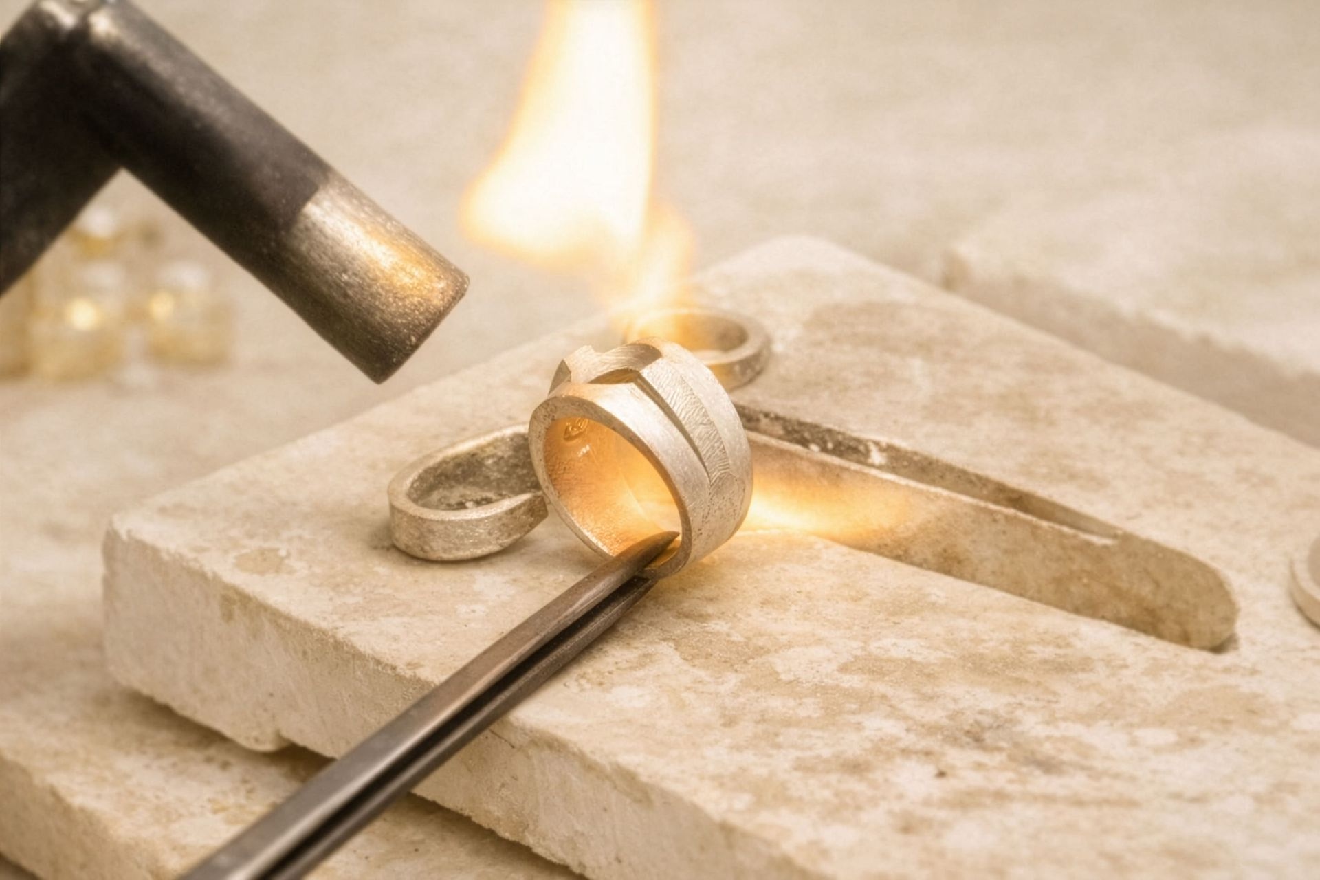 珠寶商用丁烷噴槍加熱放在耐熱磚面上的銀戒指。