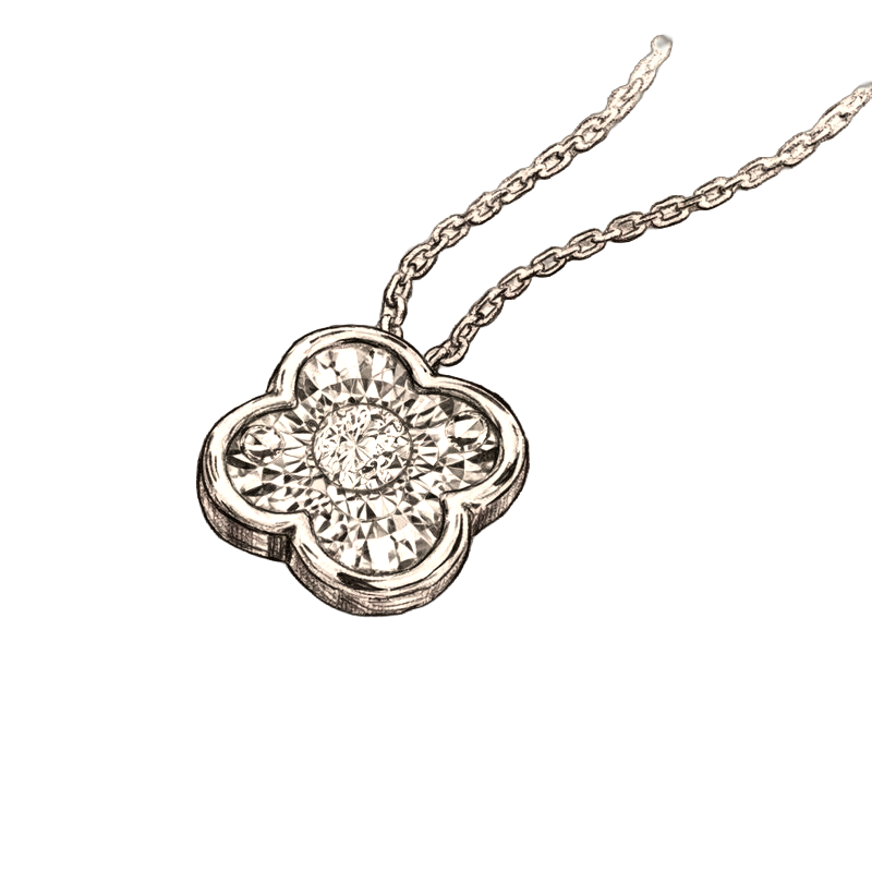 一款銀色四葉草形狀的吊墜項鍊,中央鑲嵌一顆鑽石,花瓣紋理細膩,搭配精緻的鏈條。