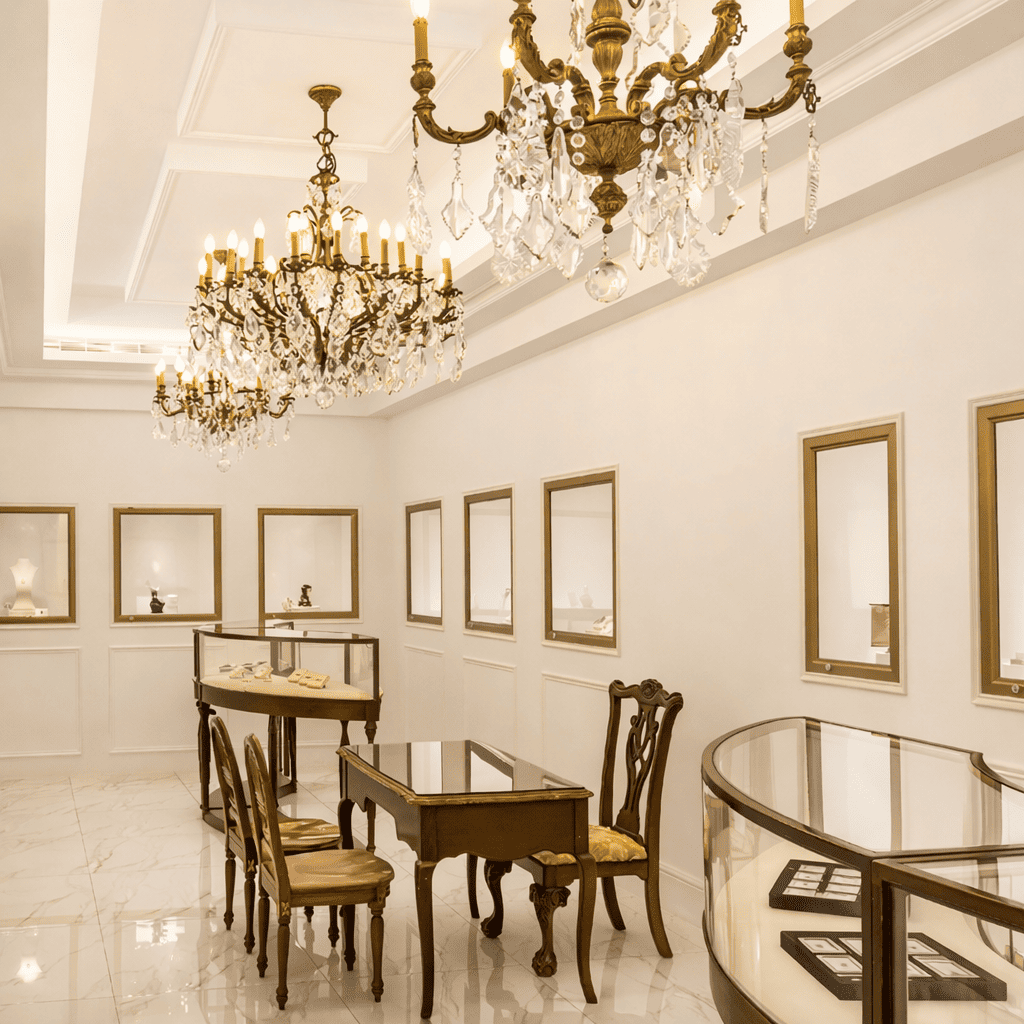 優雅的珠寶店內部裝潢，配有水晶吊燈、玻璃展示櫃和經典木製家具。