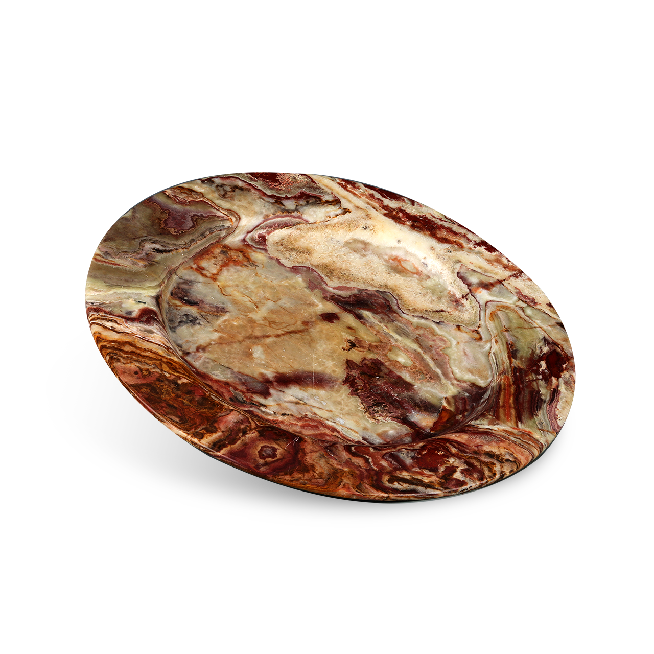 一個圓形淺托盤,由拋光的雜色大理石雕刻而成,帶有棕色、紅色和奶油色的漩渦圖案。