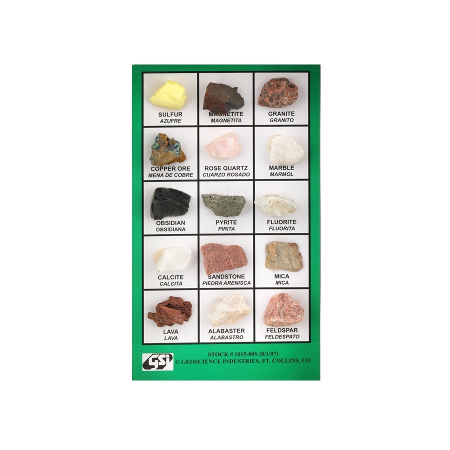 侏羅紀博物館藏品展示板，上面擺放著 15 個貼有標籤的礦物和岩石樣本，呈現網格狀排列。