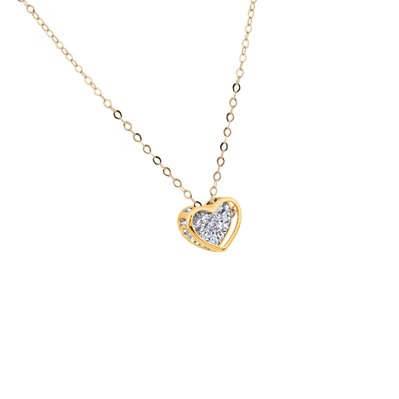 一條精緻的金項鍊,鍊子纖細,吊墜是一個鑲嵌著閃亮鑽石的小巧心形吊墜。