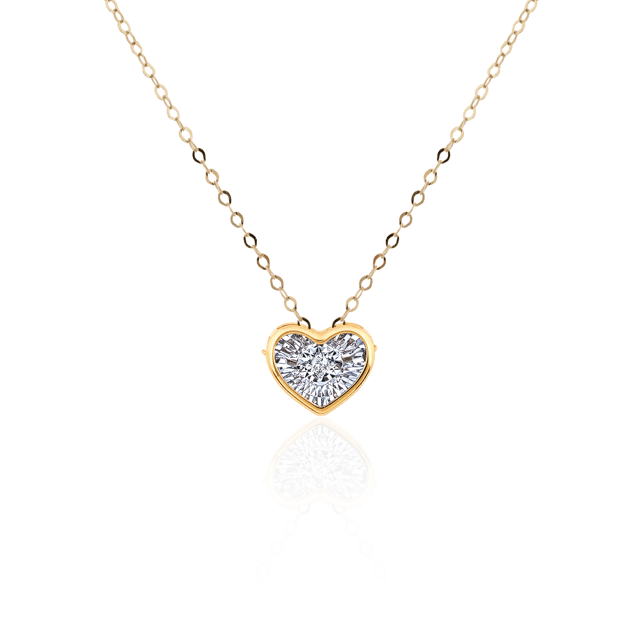 一條精緻的金項鍊,鍊子纖細,吊墜是一個鑲嵌著閃亮鑽石的小巧心形吊墜。