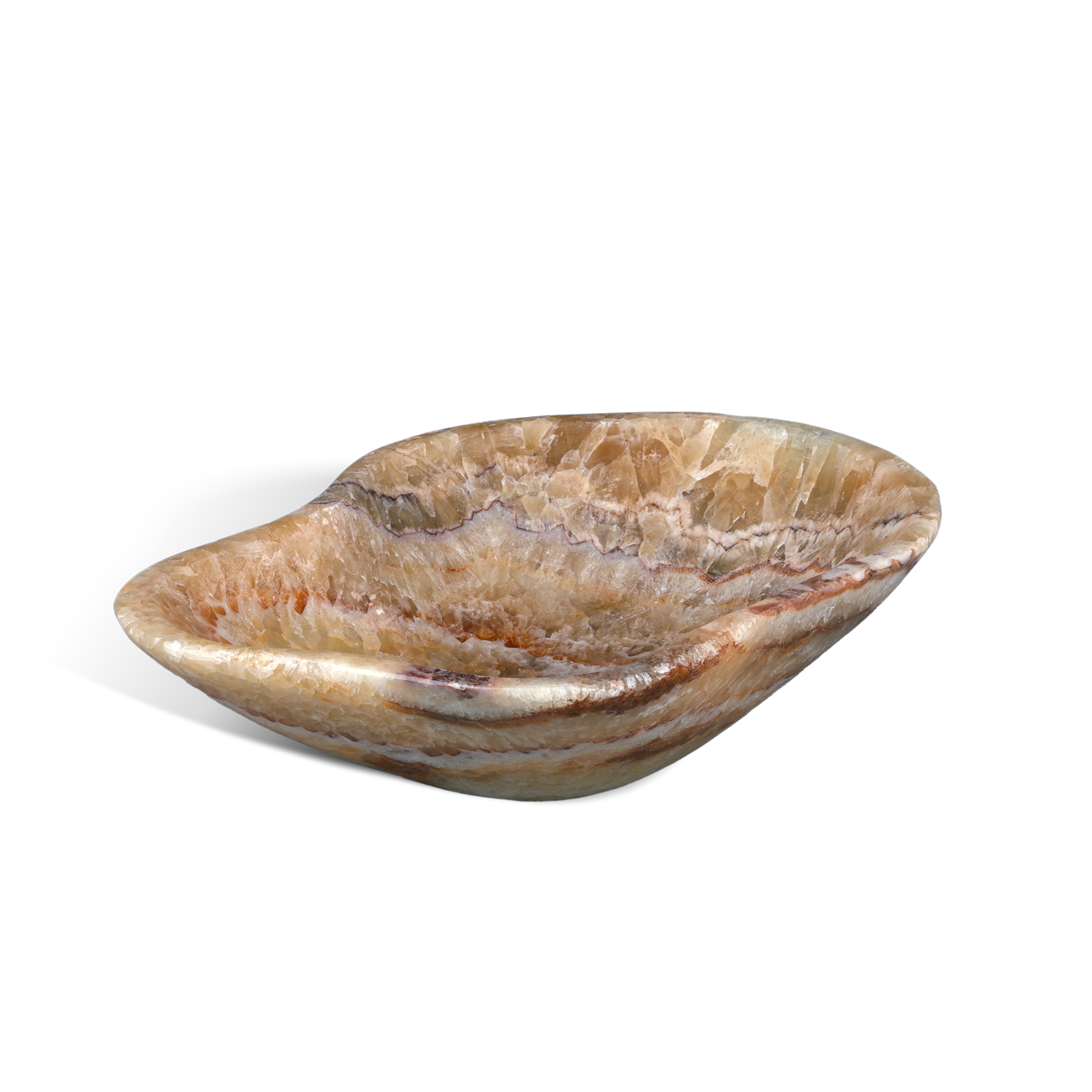淺橢圓形碗,由拋光的金棕色條紋縟瑪瑙雕刻而成,帶有天然紋理,底色為純白色。