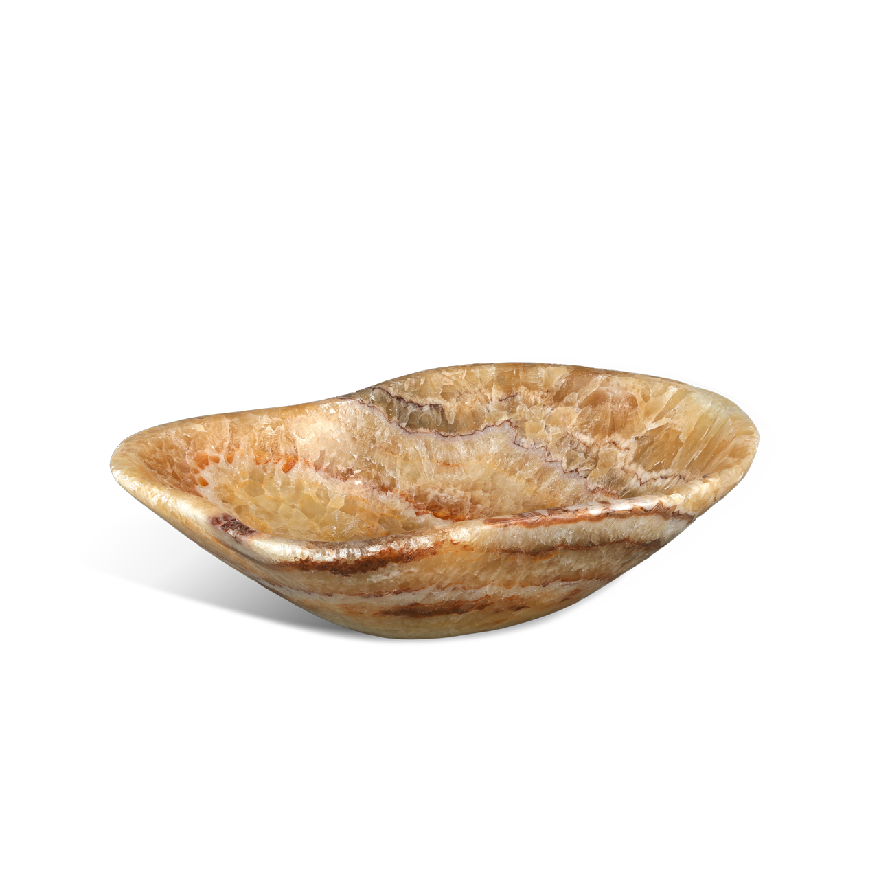 淺橢圓形碗,由拋光的金棕色條紋縟瑪瑙雕刻而成,帶有天然紋理,底色為純白色。