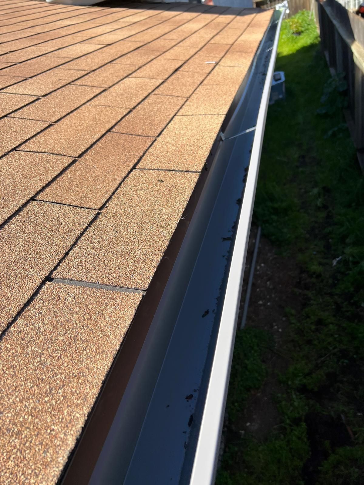 Roof shingles and a gutter along the edge of a house, with a grassy yard below.