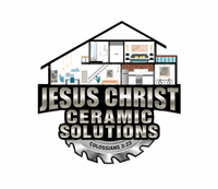 Jesus Christ Ceramic Solutions logo with house outline and tiled rooms, black and white text on a saw blade