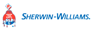 Sherwin-Williams logo with a paint can pouring red paint over the globe icon and blue company name