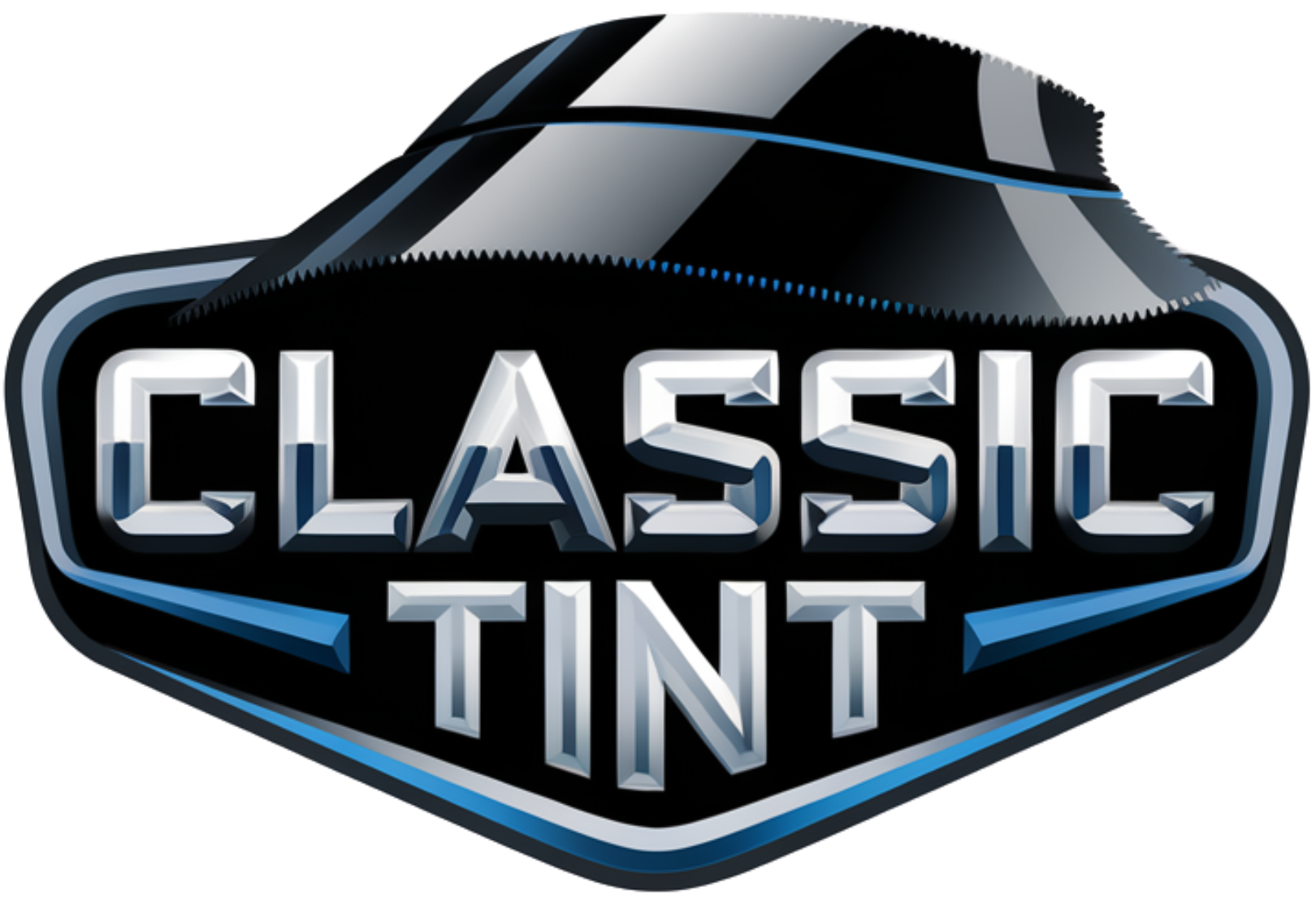 Classic Tint logo with a shiny black visor over the words 