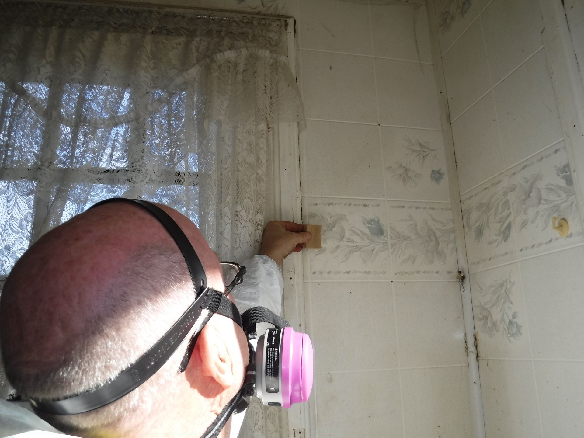 Person in respirator inspecting moldy bathroom wall.