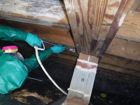 Person in protective gear sprays wooden structure, likely an attic, with white hose.