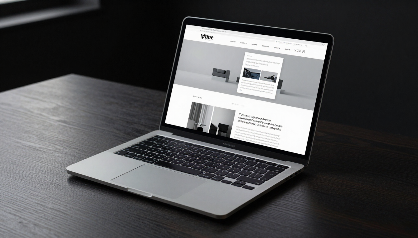 Modernes Laptop auf dunklem Schreibtisch zeigt professionelles Website-Layout