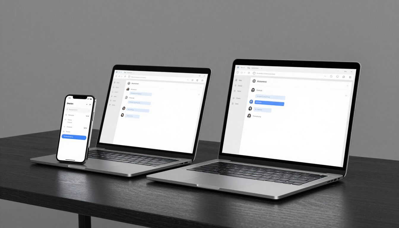 Smartphone und Laptop auf dunklem Schreibtisch zeigen Chat-Interface und Automatisierungs-Dashboard