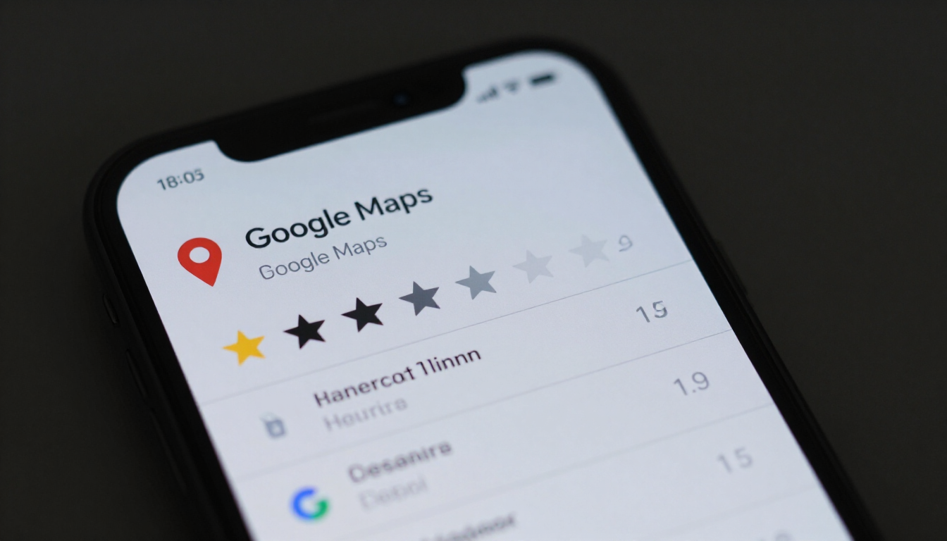 Smartphone zeigt Google Maps Suchergebnis mit lokalem Unternehmenseintrag