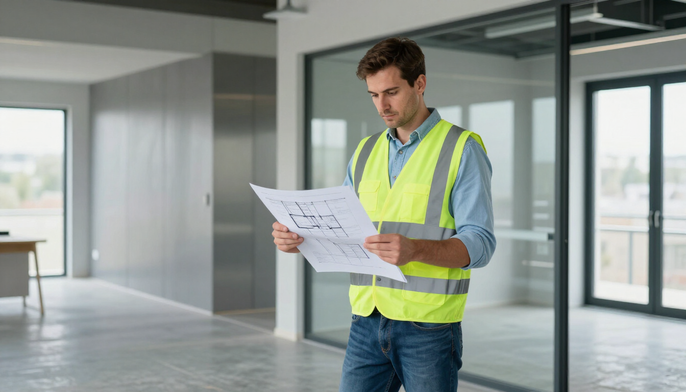 Handwerker prüft Baupläne auf einer Baustelle