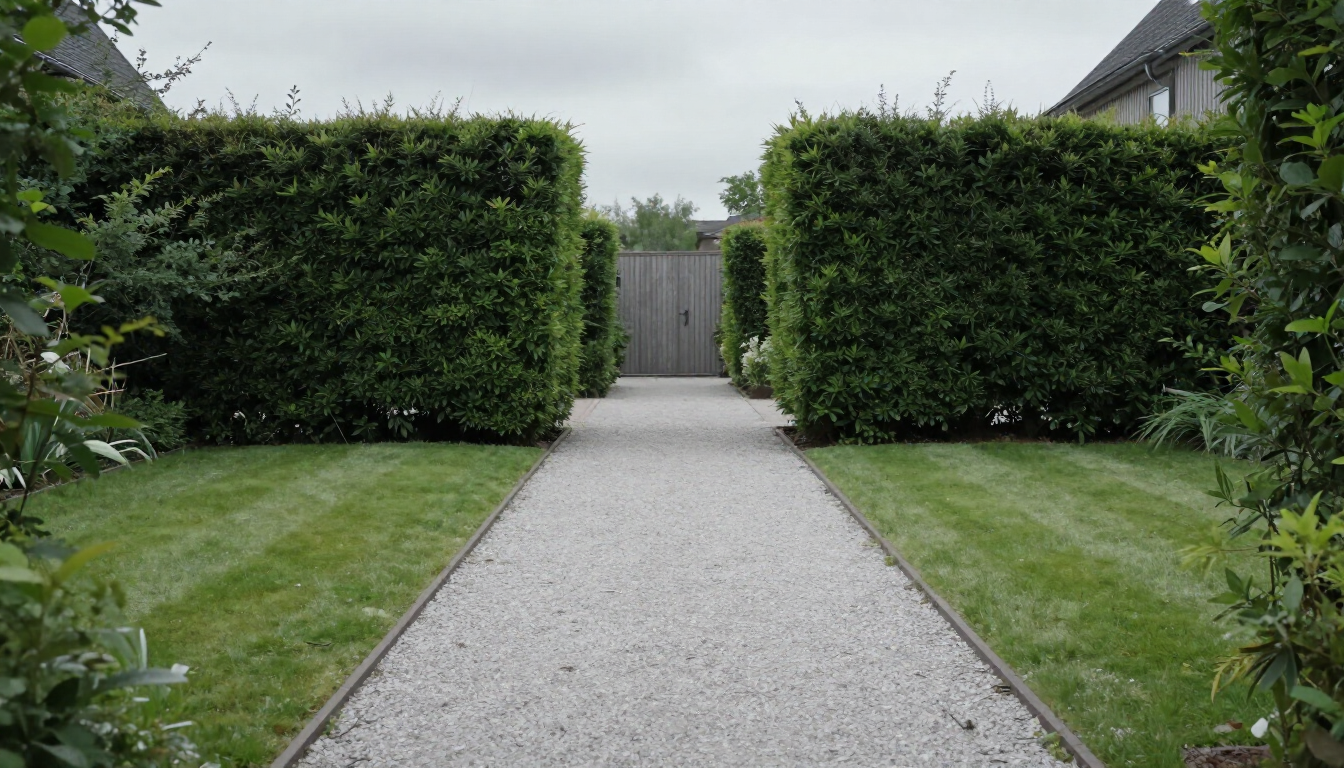 Gepflegter Garten mit gestutzten Hecken und Kiesweg